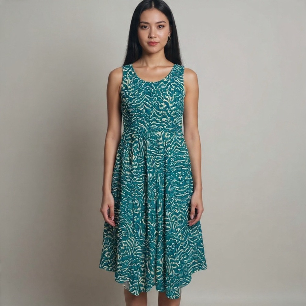 Sundance Teal & Cream Printed Sleeveless Midi Dress